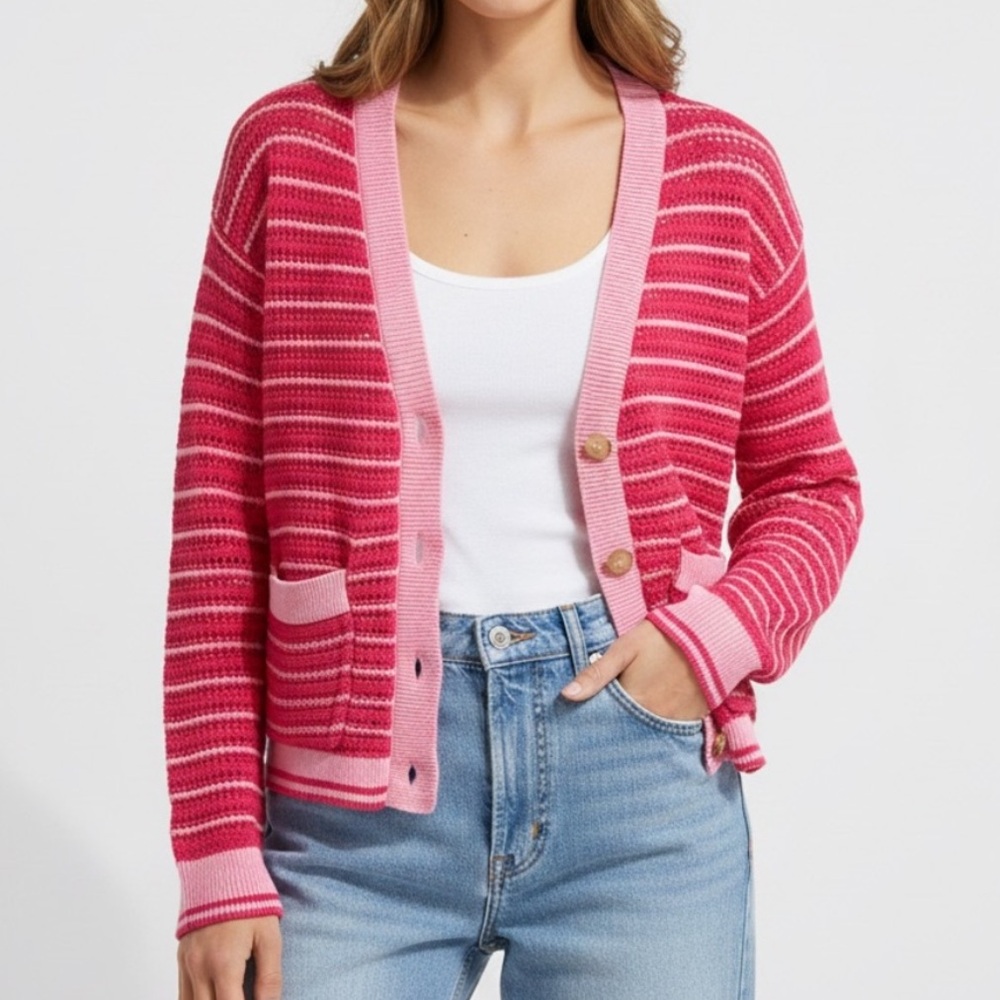Beach Riot Gene Open Knit Cotton Cardigan Pink Striped size large